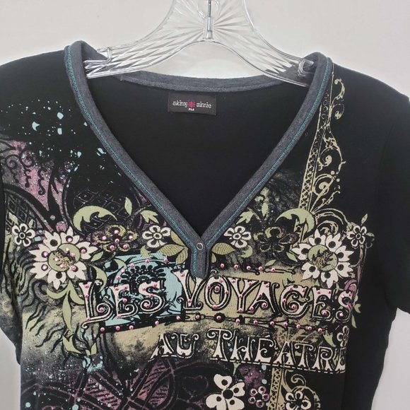 Skinny Minnie Women's Floral V Neck Short Sleeve Studded Shirt Top Blouse - Picture 2 of 10